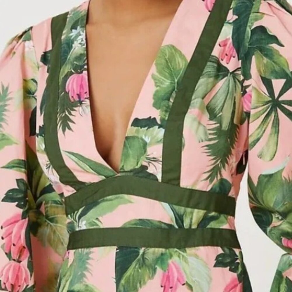 Anthropologie New Farm X deep V neck wide leg jumpsuit Palm L NWT
